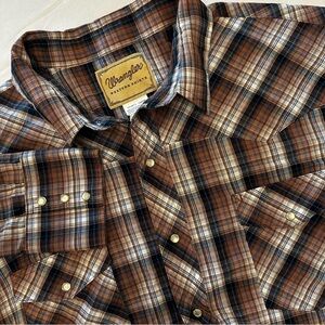 Wrangler Men's 2XL Brown Plaid Western Ranch Cowboy Shirt Pearl Snaps